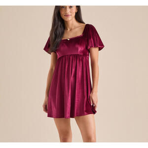 Altar'd State Julia Puff Sleeve Velvet Babydoll Mini Dress Burgundy MEDIUM NWOT